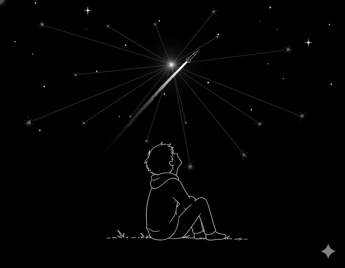 A child sitting under a starry night sky, watching a rocket